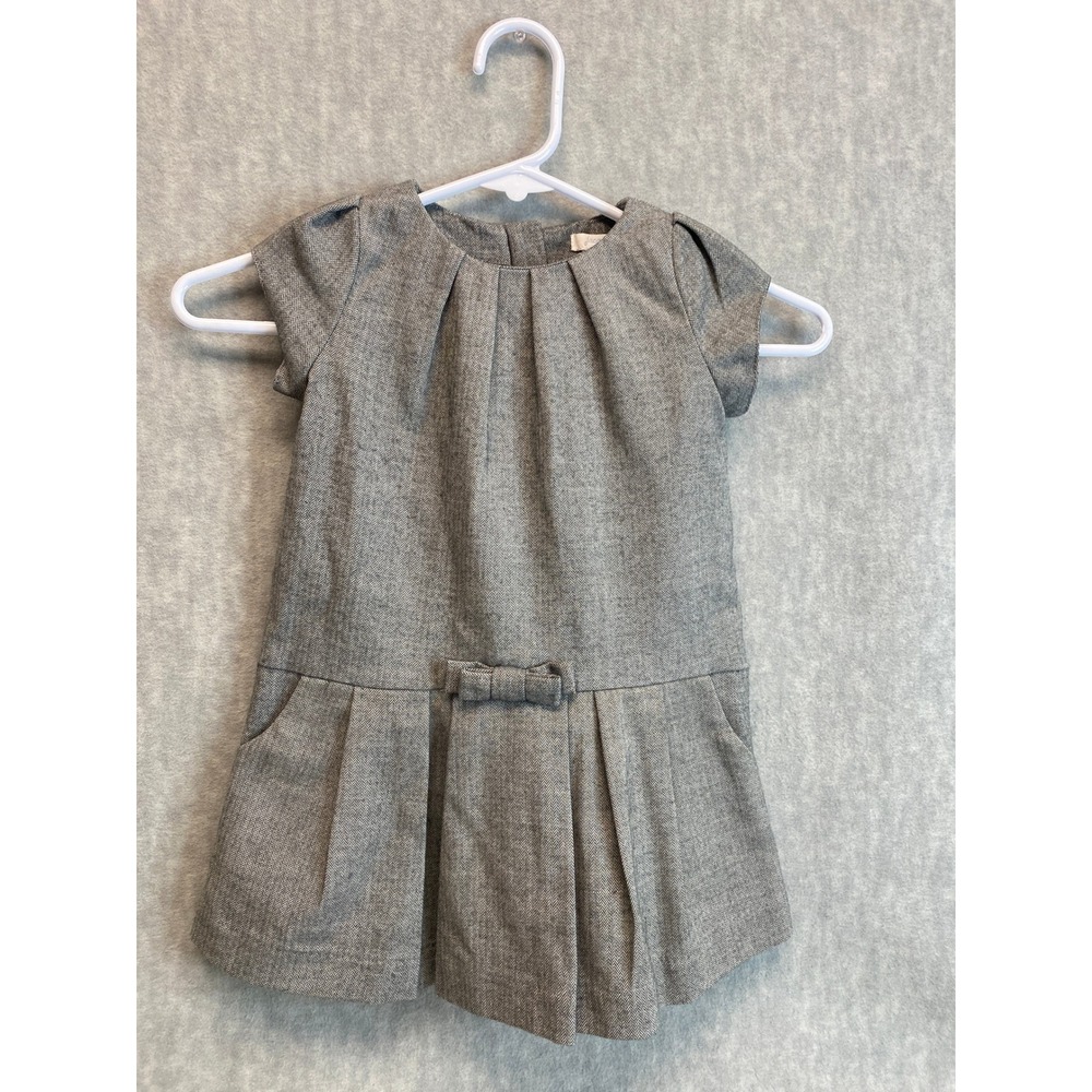Jacadi‎ Paris Gray Herringbone Pleated Dress Bow Zipper Back Toddler Size 3A
